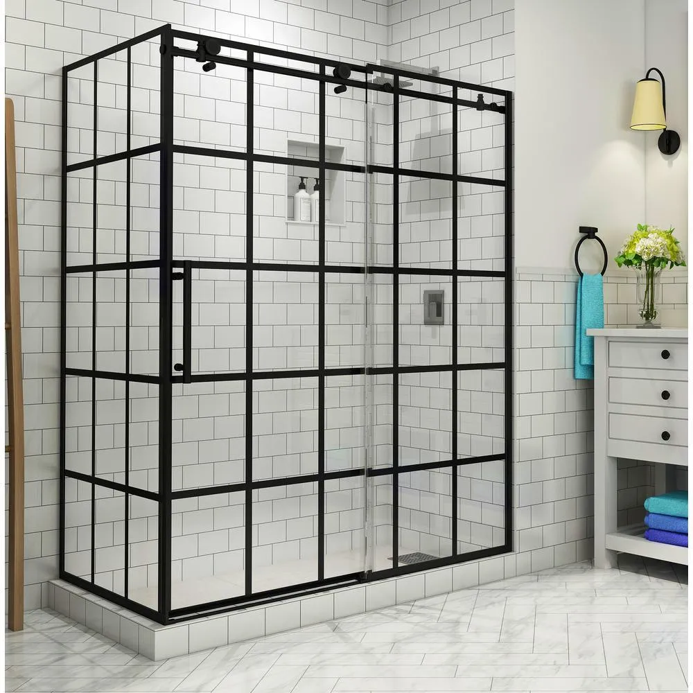 Kamaya 56 in. - 60 in. x 33.875 in. x 76 in. Frameless Sliding Shower Enclosure in Matte Black, Right Open, photo 7 of 7