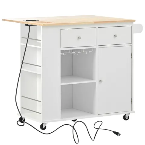 White Mdf Base with Wood Top Rolling Kitchen Cart