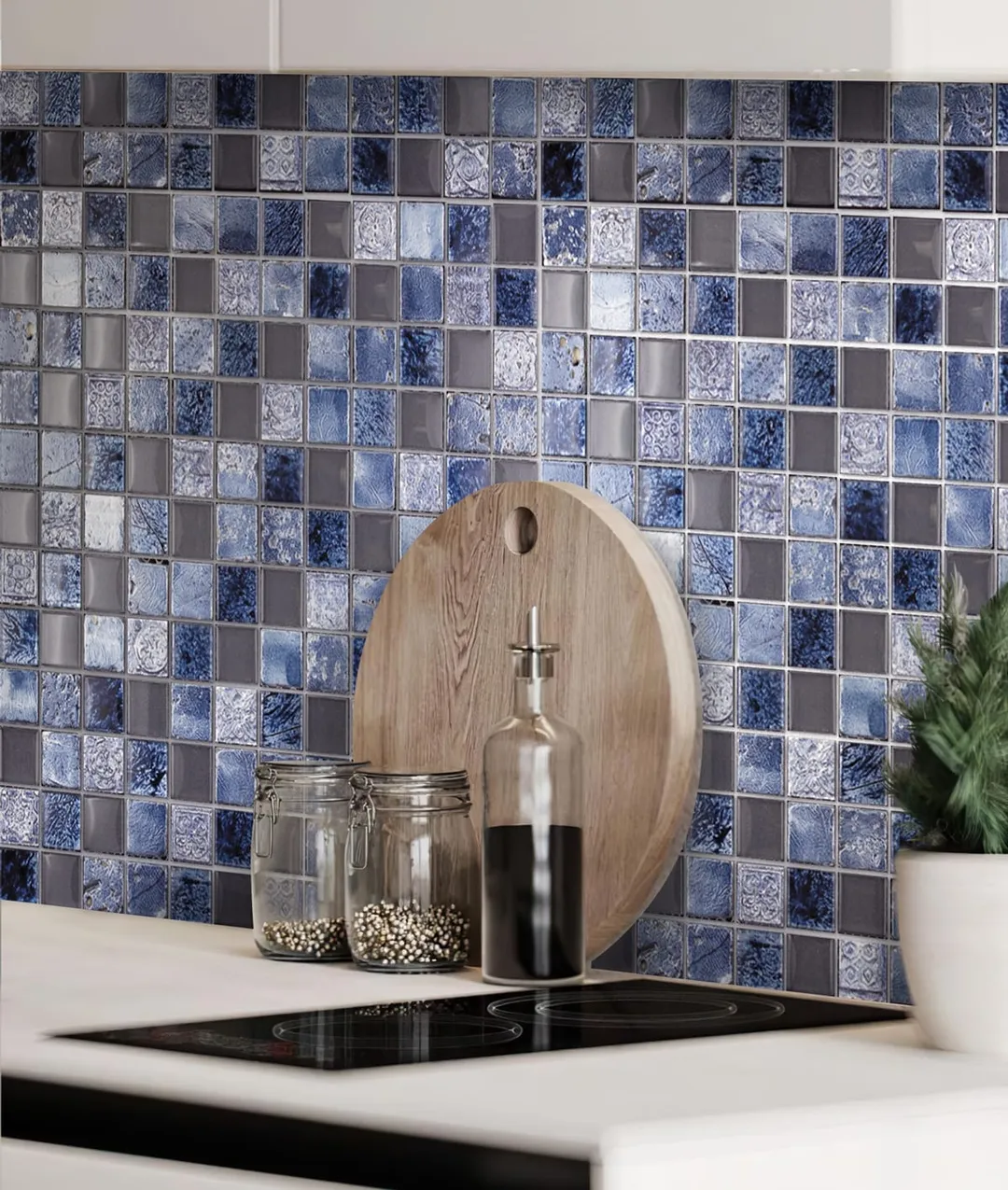 Apollo Tile (Sample) Wall Tile Mini Square Gray and Blue 4-in x 4-in Glossy Glass/Metal/Stone Marble Wall Tile, photo 3 of 7