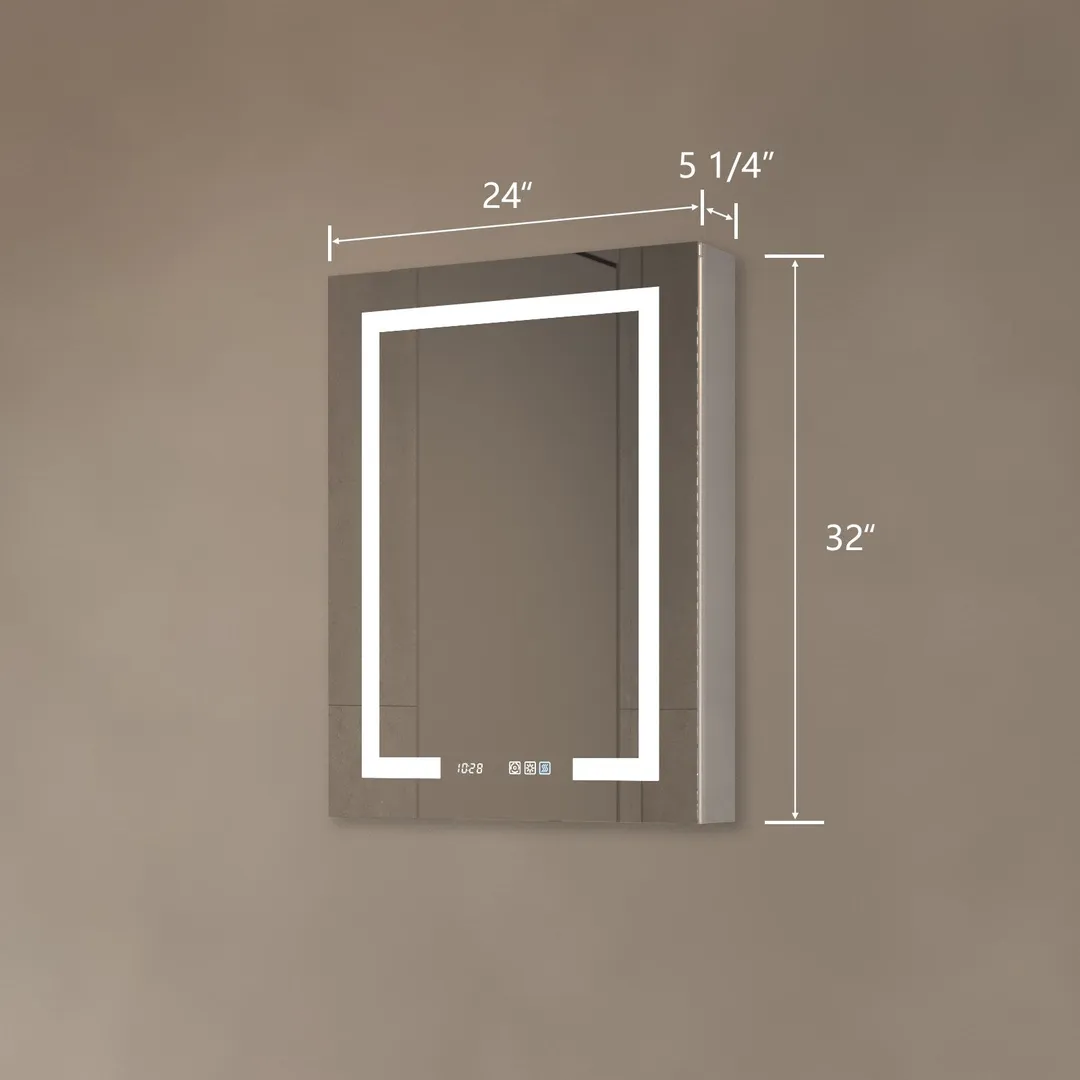 ExBrite 24-in x 32-in Lighted LED Fog Free Surface/Recessed Mount Silver Mirrored Soft Close Medicine Cabinet with Outlet, photo 3 of 14
