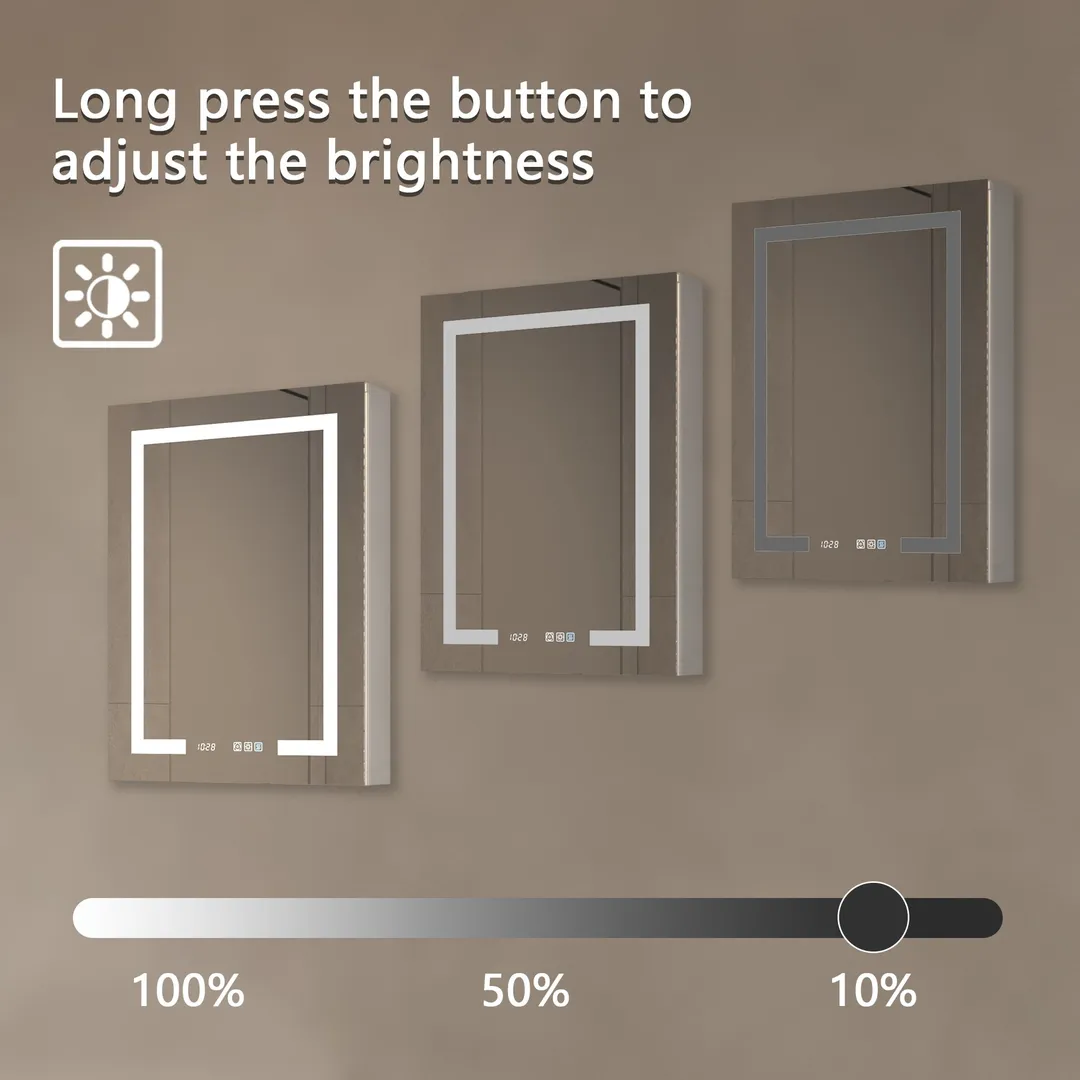 ExBrite 24-in x 32-in Lighted LED Fog Free Surface/Recessed Mount Silver Mirrored Soft Close Medicine Cabinet with Outlet, photo 6 of 14