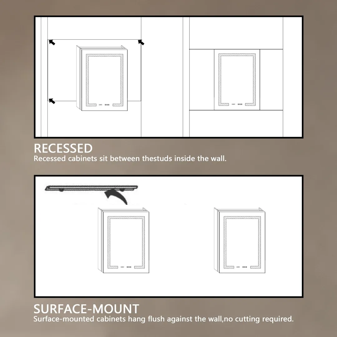 ExBrite 24-in x 32-in Lighted LED Fog Free Surface/Recessed Mount Silver Mirrored Soft Close Medicine Cabinet with Outlet, photo 9 of 14