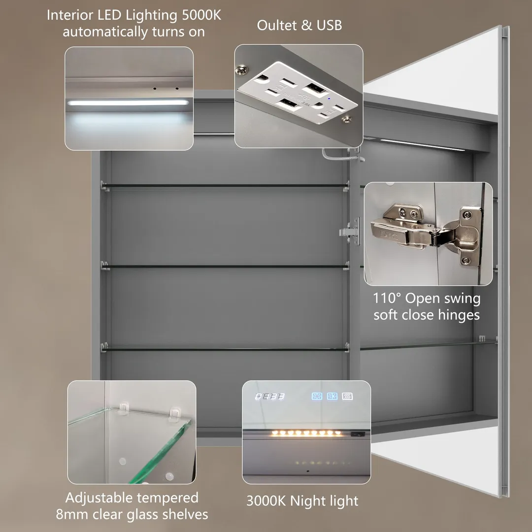 ExBrite 24-in x 32-in Lighted LED Fog Free Surface/Recessed Mount Silver Mirrored Soft Close Medicine Cabinet with Outlet, photo 8 of 14
