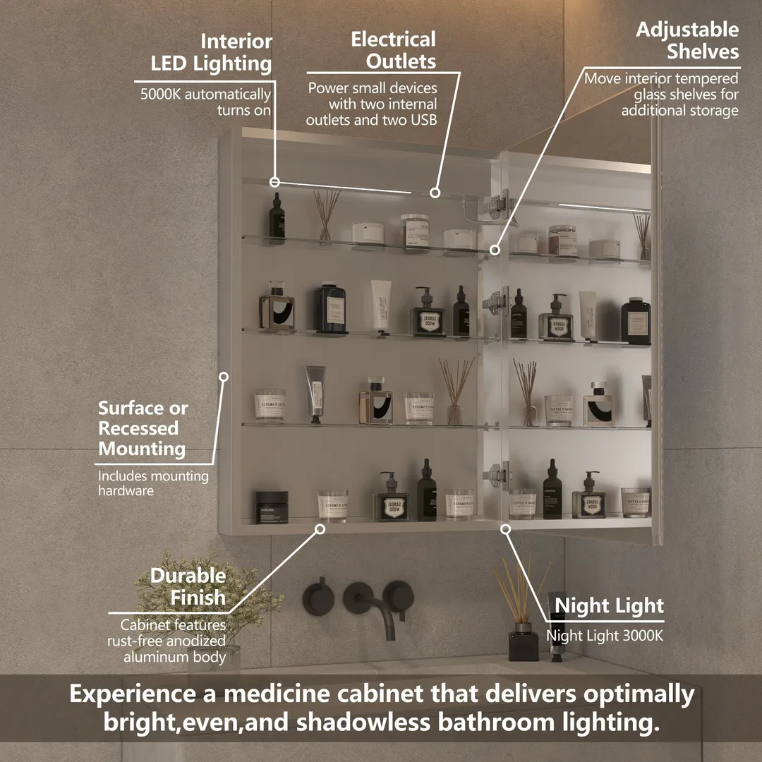 ExBrite 24-in x 32-in Lighted LED Fog Free Surface/Recessed Mount Silver Mirrored Soft Close Medicine Cabinet with Outlet, photo 4 of 14
