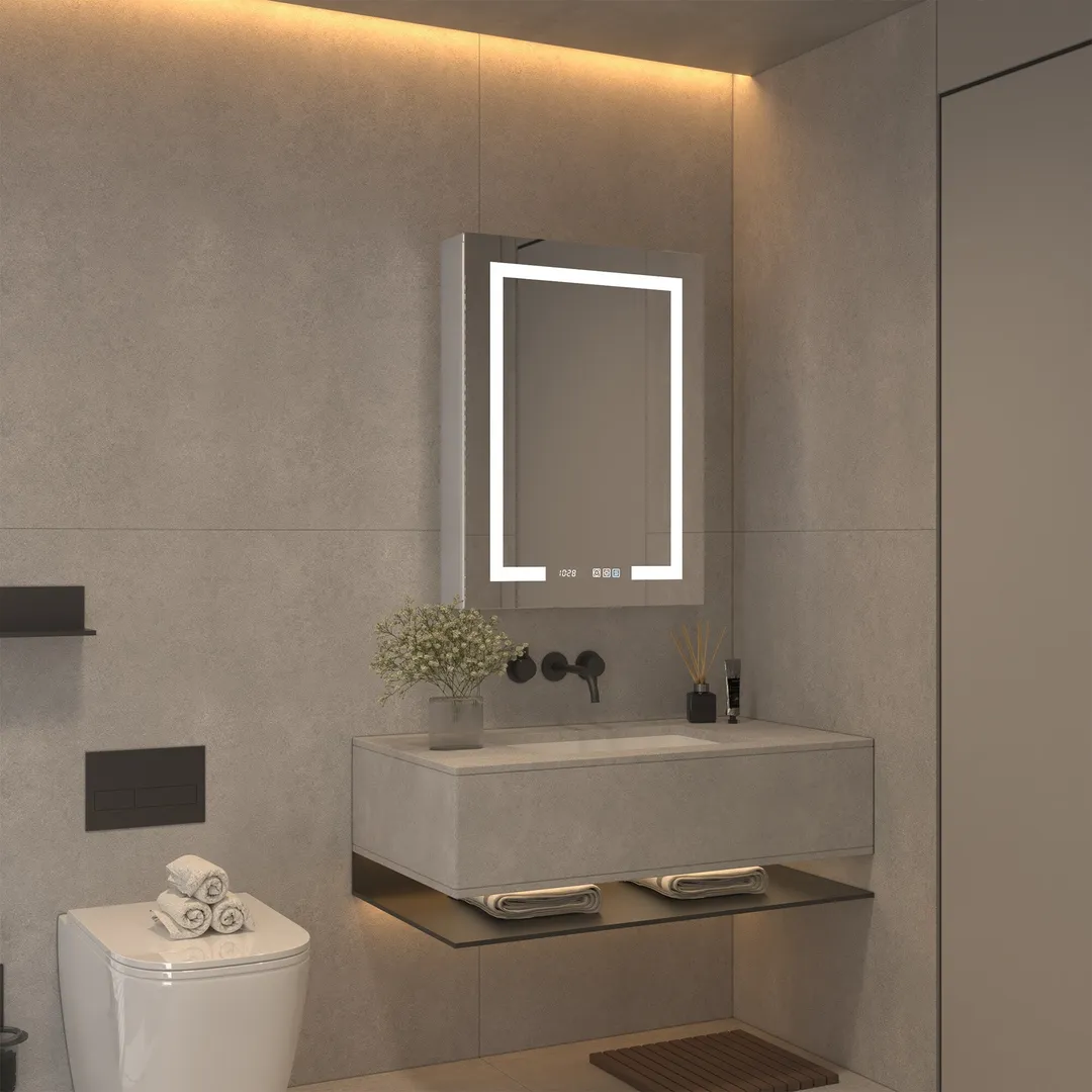 ExBrite 24-in x 32-in Lighted LED Fog Free Surface/Recessed Mount Silver Mirrored Soft Close Medicine Cabinet with Outlet, photo 10 of 14