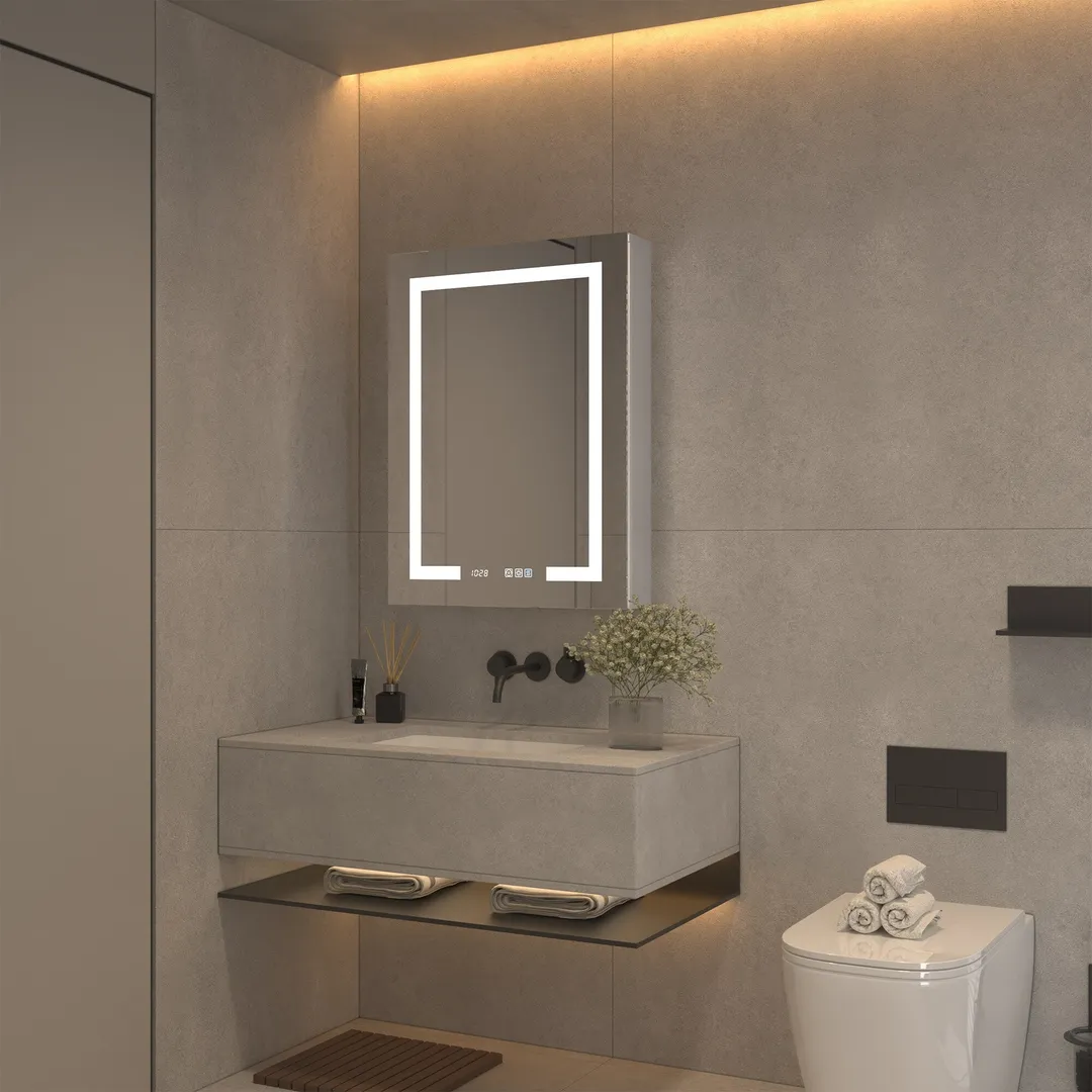 ExBrite 24-in x 32-in Lighted LED Fog Free Surface/Recessed Mount Silver Mirrored Soft Close Medicine Cabinet with Outlet, photo 10 of 14