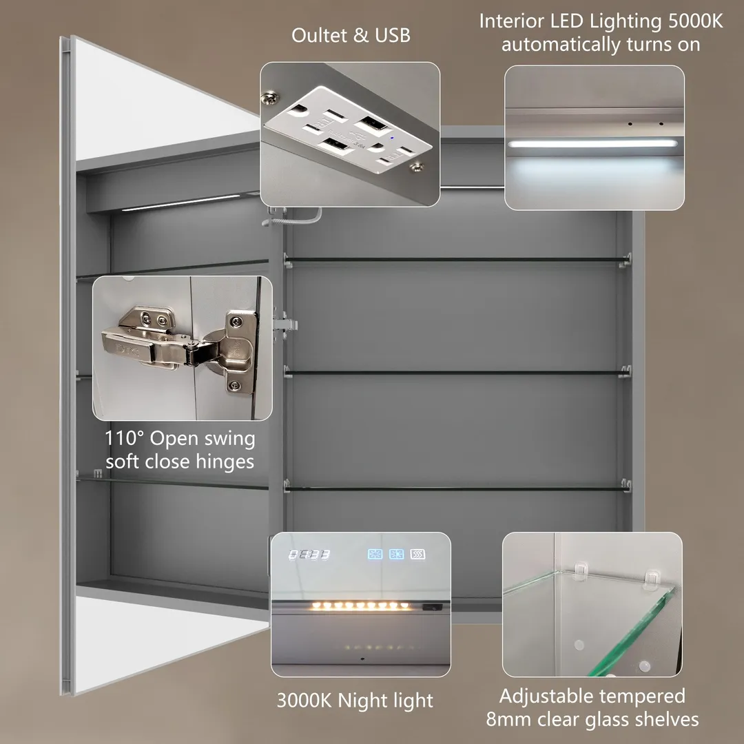 ExBrite 24-in x 32-in Lighted LED Fog Free Surface/Recessed Mount Silver Mirrored Soft Close Medicine Cabinet with Outlet, photo 8 of 14