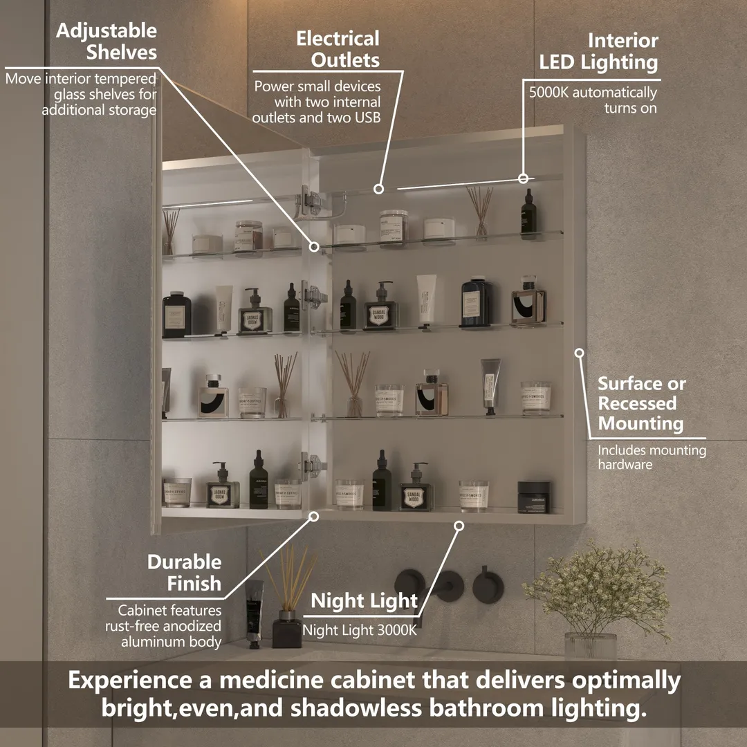 ExBrite 24-in x 32-in Lighted LED Fog Free Surface/Recessed Mount Silver Mirrored Soft Close Medicine Cabinet with Outlet, photo 4 of 14