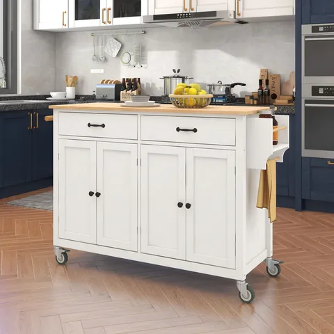 White Wood Base with Mdf Wood Top Rolling Kitchen Island