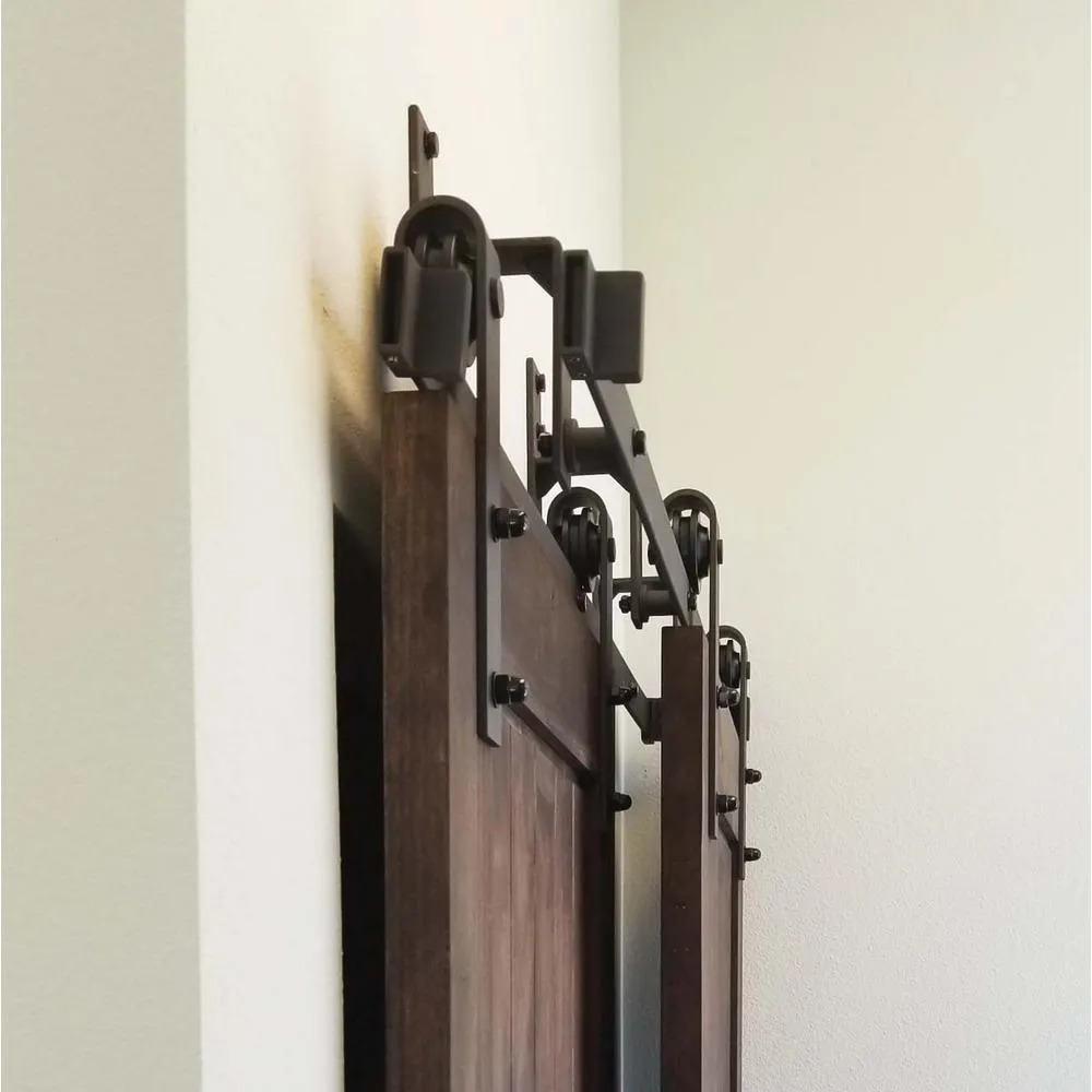Pacific Entries 60in.x80in.Bypass Rustic Unf 2-PNL V-Groove Solid Core Knotty Alder Wood Sliding Barn Door with Bronze Hardware Kit, photo 4 of 6