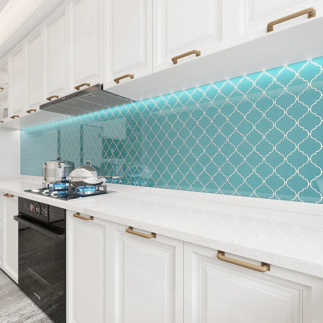 Giorbello Arabesque Mosaic Teal 4-in x 4-in Glossy Glass Wall Tile (7.89-sq. ft/ Carton), photo 4 of 8