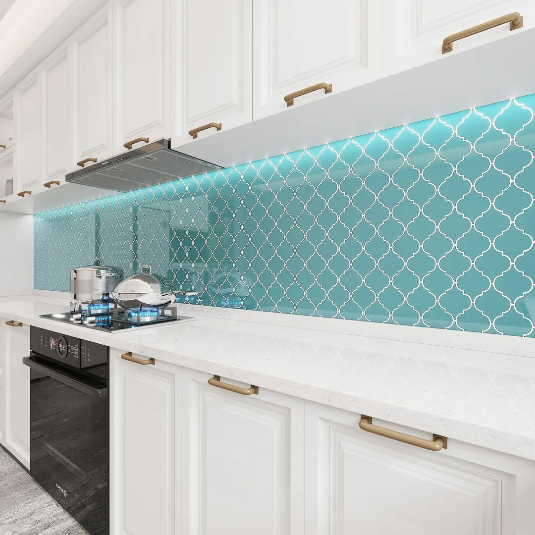 Giorbello (Sample) Glass Arabesque Tiles Teal 4-1/2-in x 4-1/2-in Glossy Glass Lantern Subway Wall Tile, photo 3 of 5
