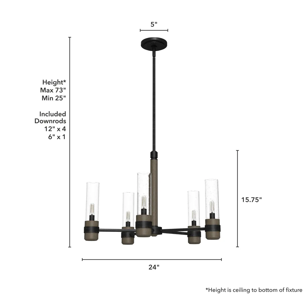 Hunter River Mill 5-Light Matte Black Rustic Led Bare Bulb Chandelier, photo 4 of 8