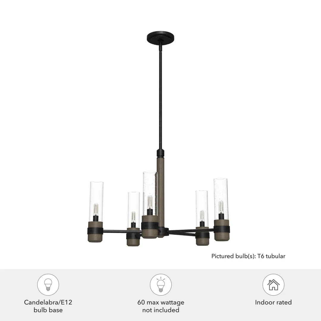 Hunter River Mill 5-Light Matte Black Rustic Led Bare Bulb Chandelier, photo 5 of 8
