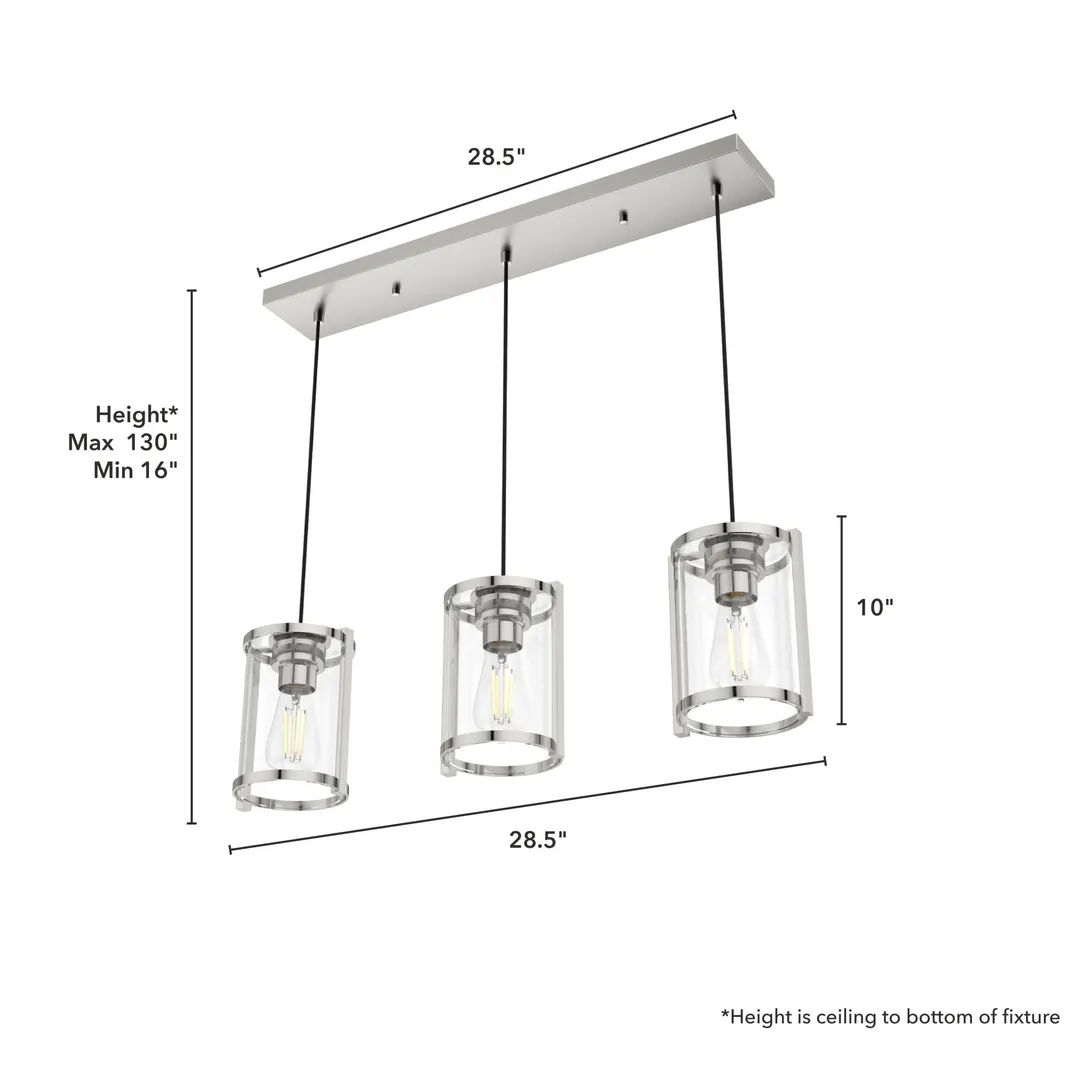 Hunter Astwood 3-Light Polished Nickel Modern/Contemporary Clear Glass Linear LED Large Hanging Chandelier, photo 4 of 8