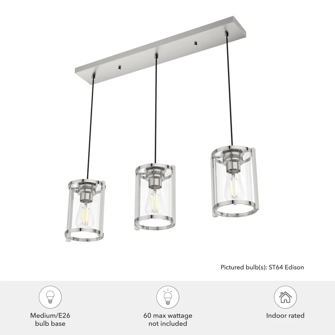 Hunter Astwood 3-Light Polished Nickel Modern/Contemporary Clear Glass Linear LED Large Hanging Chandelier, photo 5 of 8