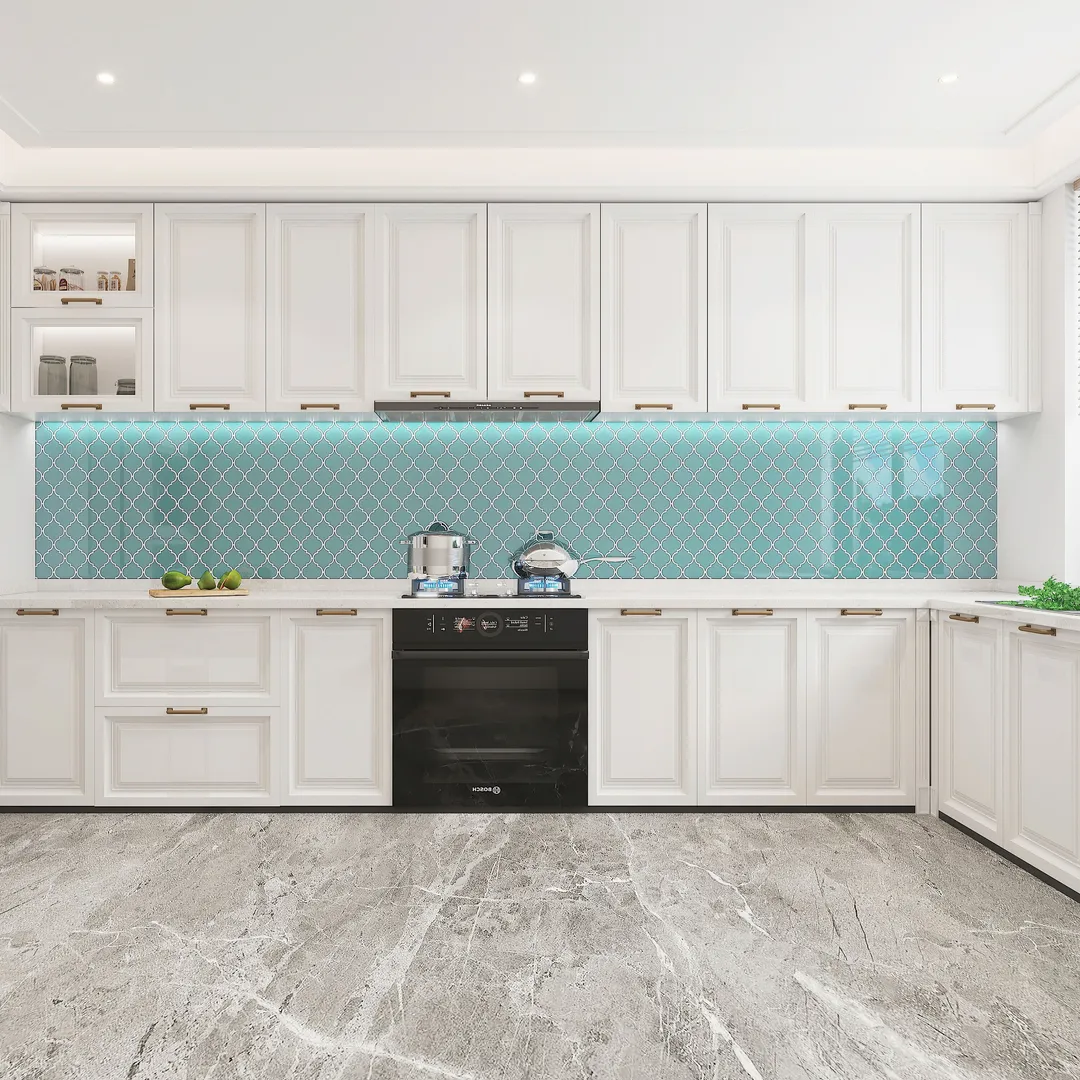 Giorbello Arabesque Mosaic Teal 4-in x 4-in Glossy Glass Wall Tile (7.89-sq. ft/ Carton), photo 7 of 8