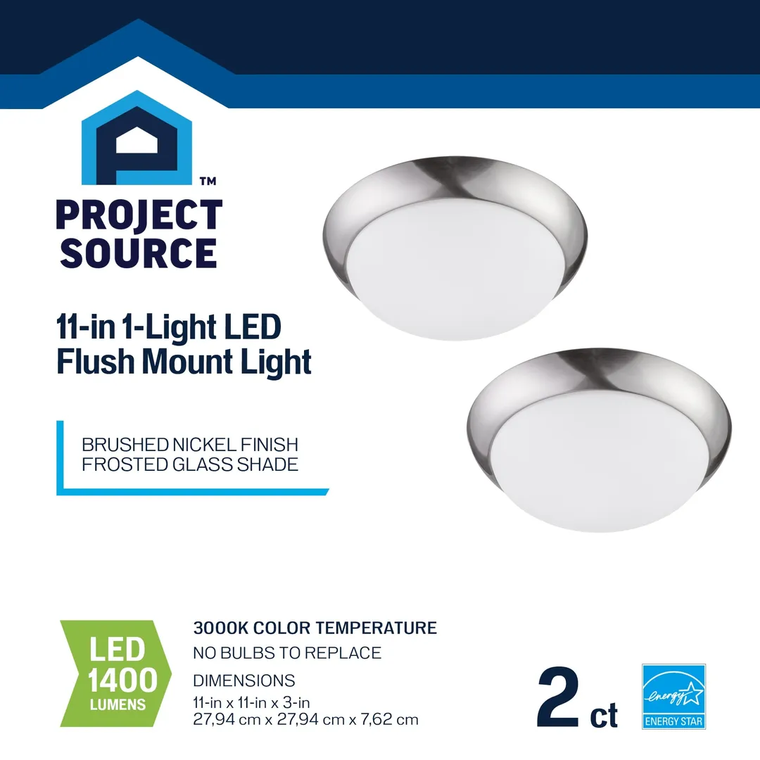 Project Source 2-Pack 11-in Brushed Nickel Integrated LED Flush Mount Ceiling Light, 3000K, 1400 Lumens, photo 6 of 11