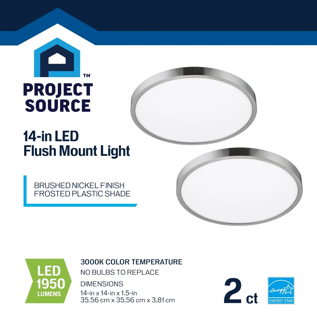 Project Source 2-Pack 14-in Brushed Nickel Transitional Integrated LED Flush Mount Light, 3000K, 1950 Lumens, Dimmable, photo 7 of 12