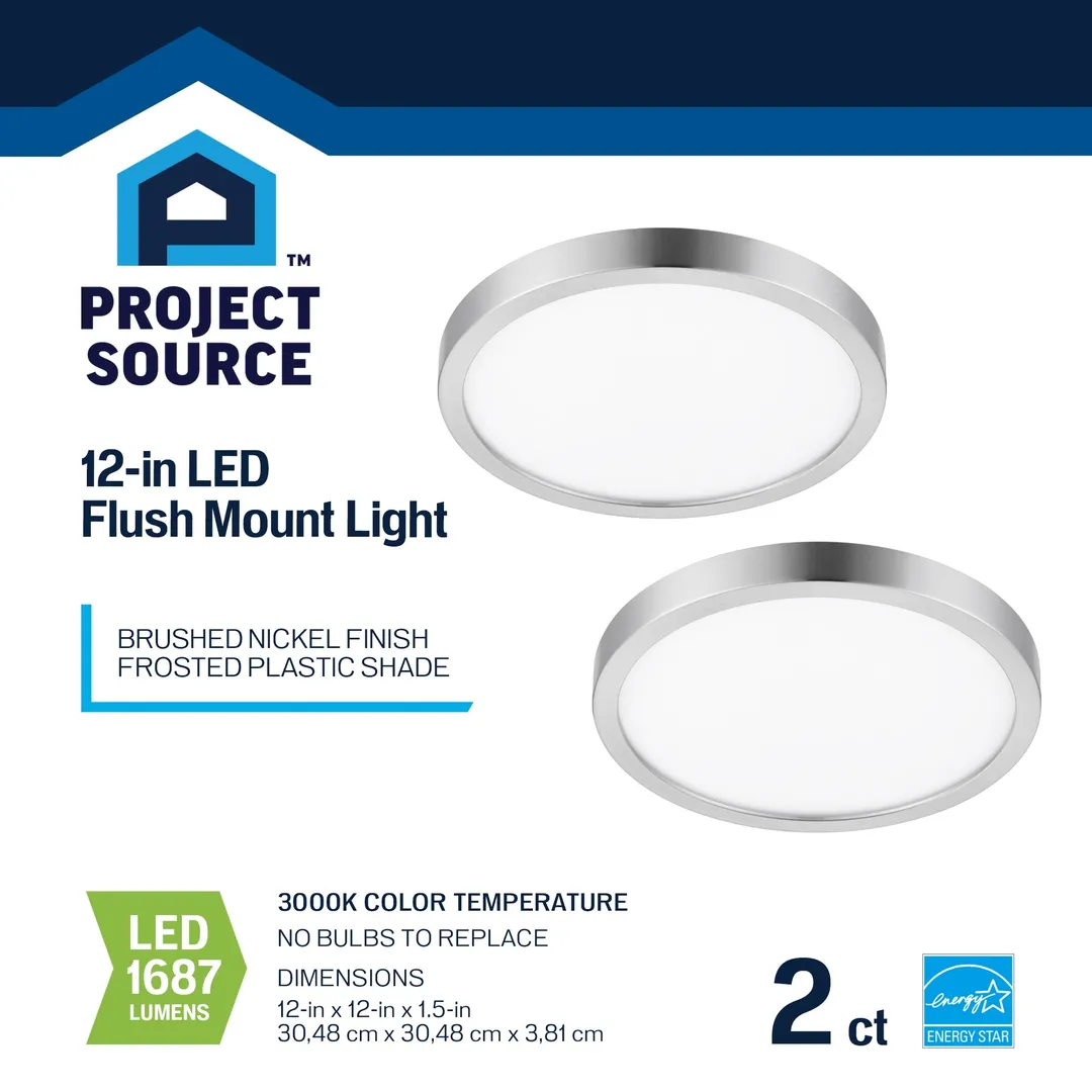 Project Source 2-Pack 12-in Brushed Nickel Transitional Integrated LED Flush Mount Light, 3000K, Dimmable, photo 6 of 12