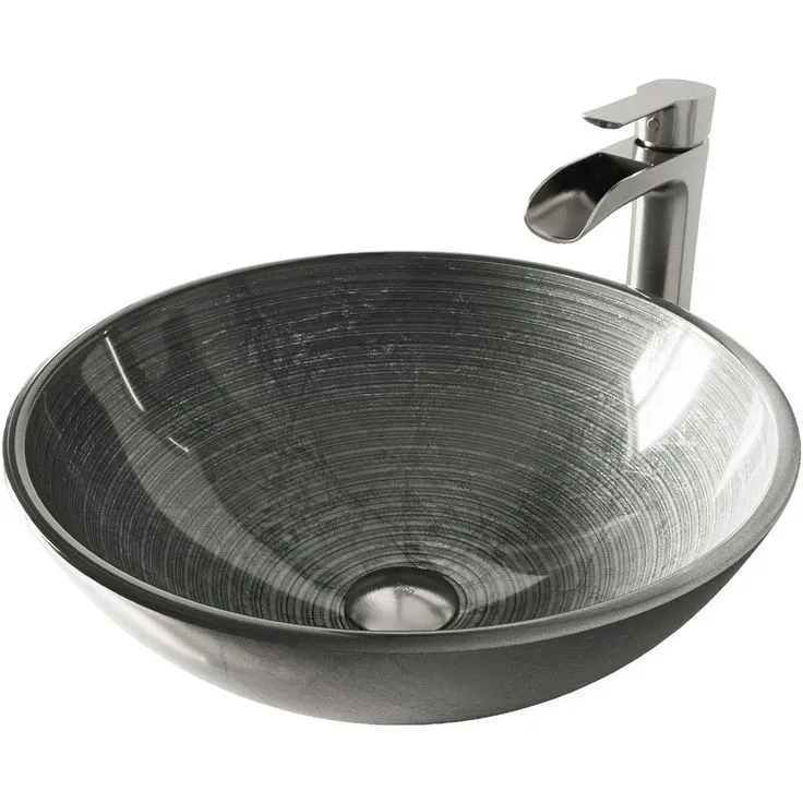 VIGO Glass Vessel Bathroom Sink in Simply Silver and Niko Faucet Set in Brushed Nickel, photo 3 of 11