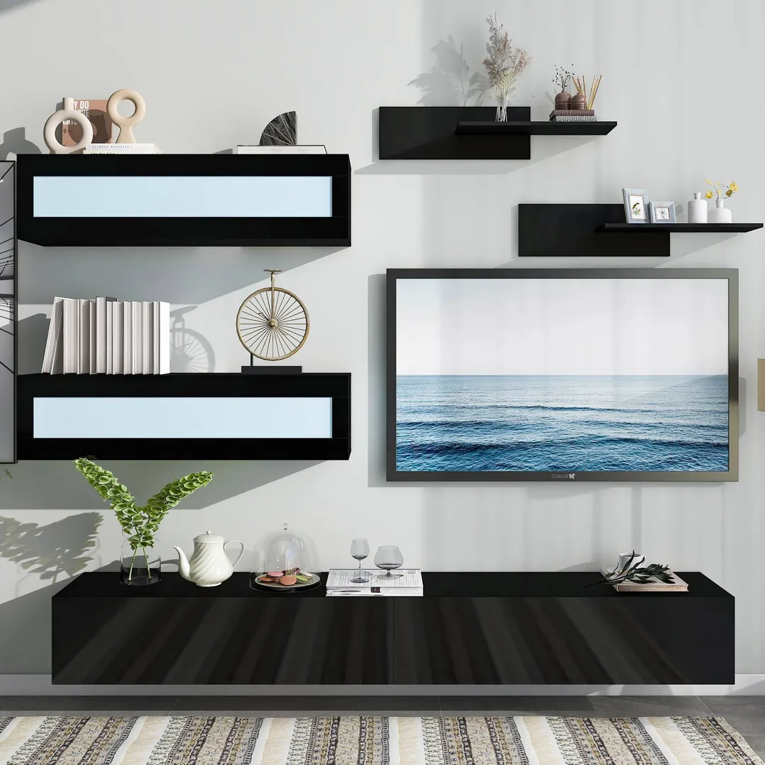 Yiekholo Modern/Contemporary Black Tv Cabinet (Accommodates TVs up to 80-in), photo 2 of 10