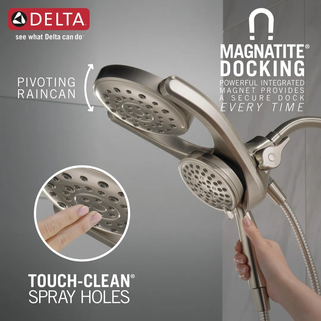 Delta HydroRain SpotShield Brushed Nickel 4-Spray Two-in-One Dual Shower Head, 2.5 GPM (9.5 LPM), 6-in Raincan, 60-in Hose, photo 4 of 8