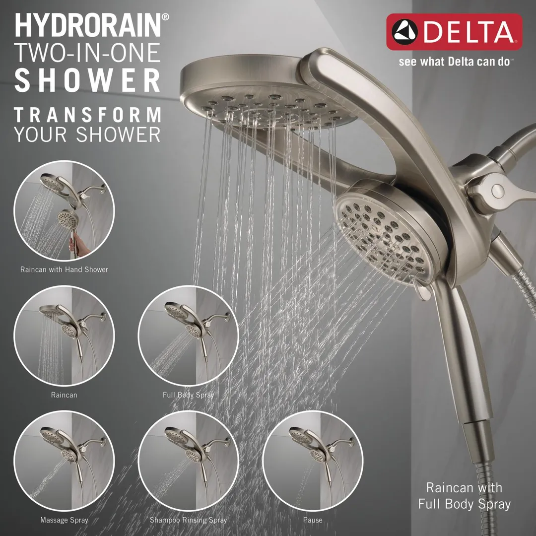 Delta HydroRain SpotShield Brushed Nickel 4-Spray Two-in-One Dual Shower Head, 2.5 GPM (9.5 LPM), 6-in Raincan, 60-in Hose, photo 5 of 8