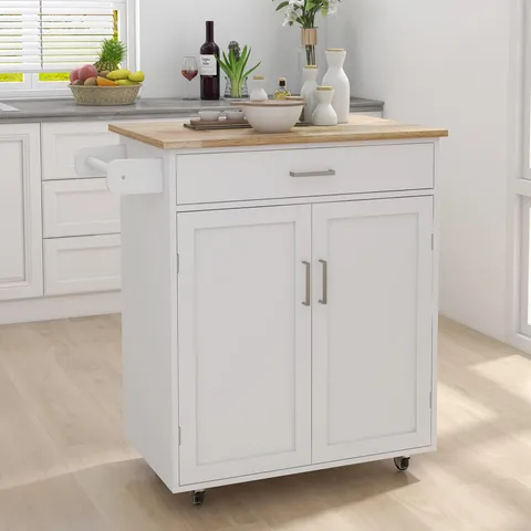 White Composite Base with Wood Top Rolling Kitchen Island