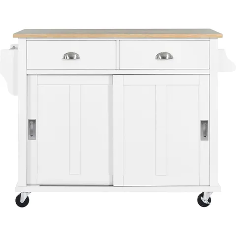 White Mdf Base with Wood Top Rolling Kitchen Cart