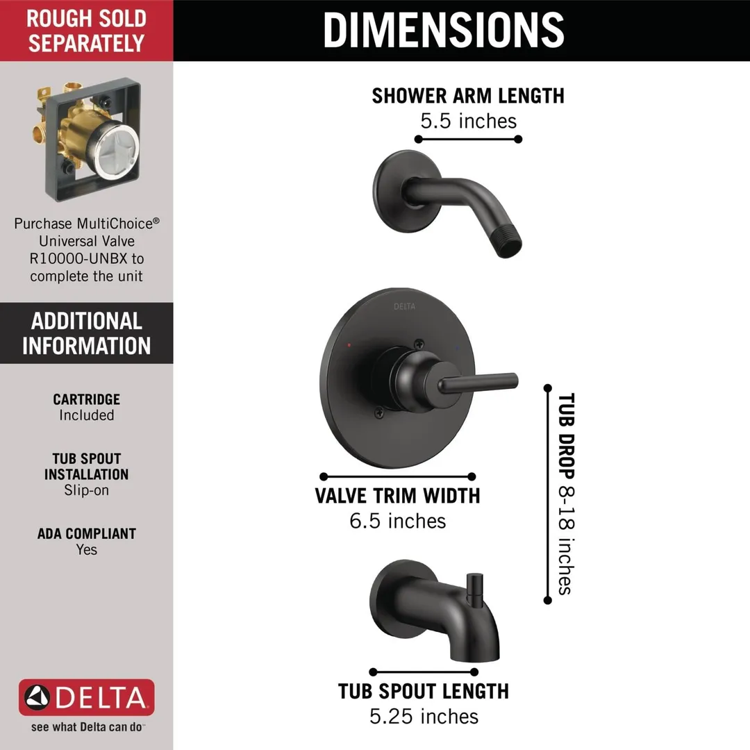 Delta Trinsic Monitor 14 Series Tub and Shower Trim – Less Shower Head, Matte Black, photo 3 of 8