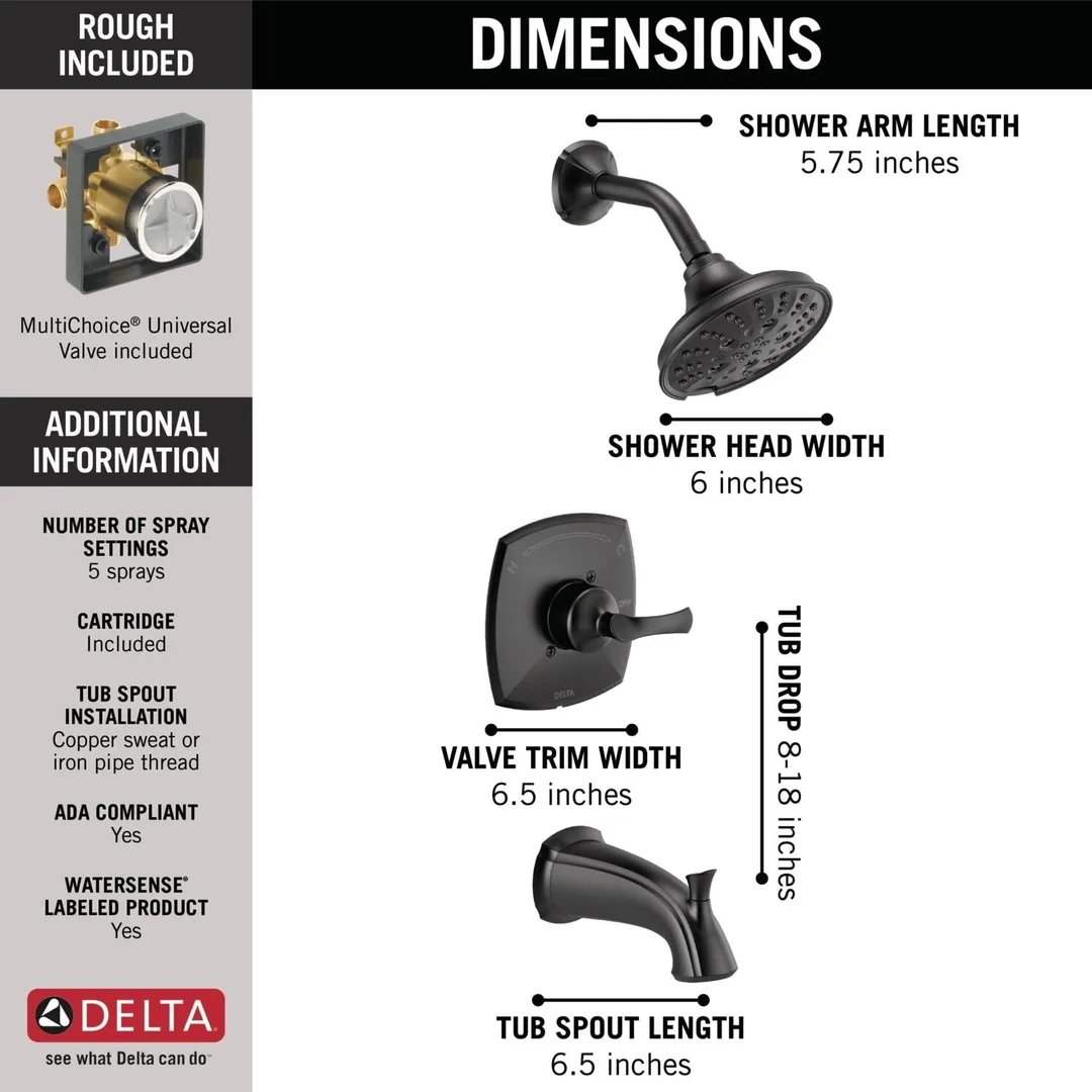 Delta Sandover Matte Black 1-Handle Bathtub and Shower Faucet with Valve, 6-in Showerhead, photo 3 of 7