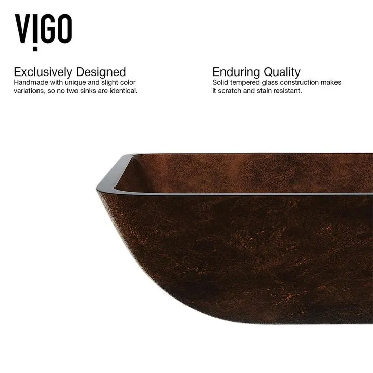 VIGO Rectangular Glass Vessel Bathroom Sink in Russet with Faucet Set in Oil Rubbed Bronze, photo 9 of 11
