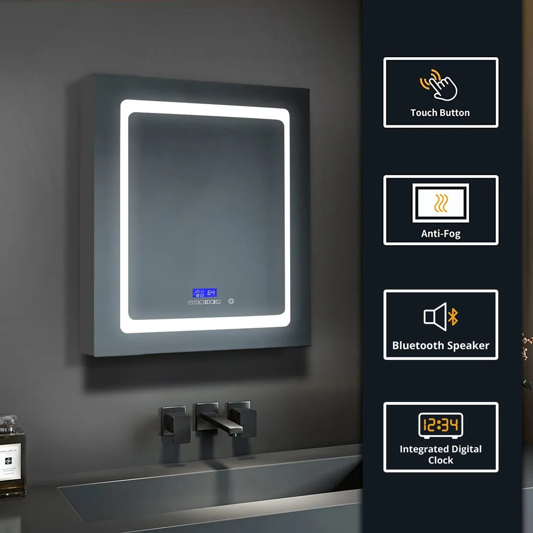 Lexora Bracciano 24-in x 32-in Lighted LED Fog Free Surface Mount Gray Mirrored Soft Close Medicine Cabinet, photo 3 of 8