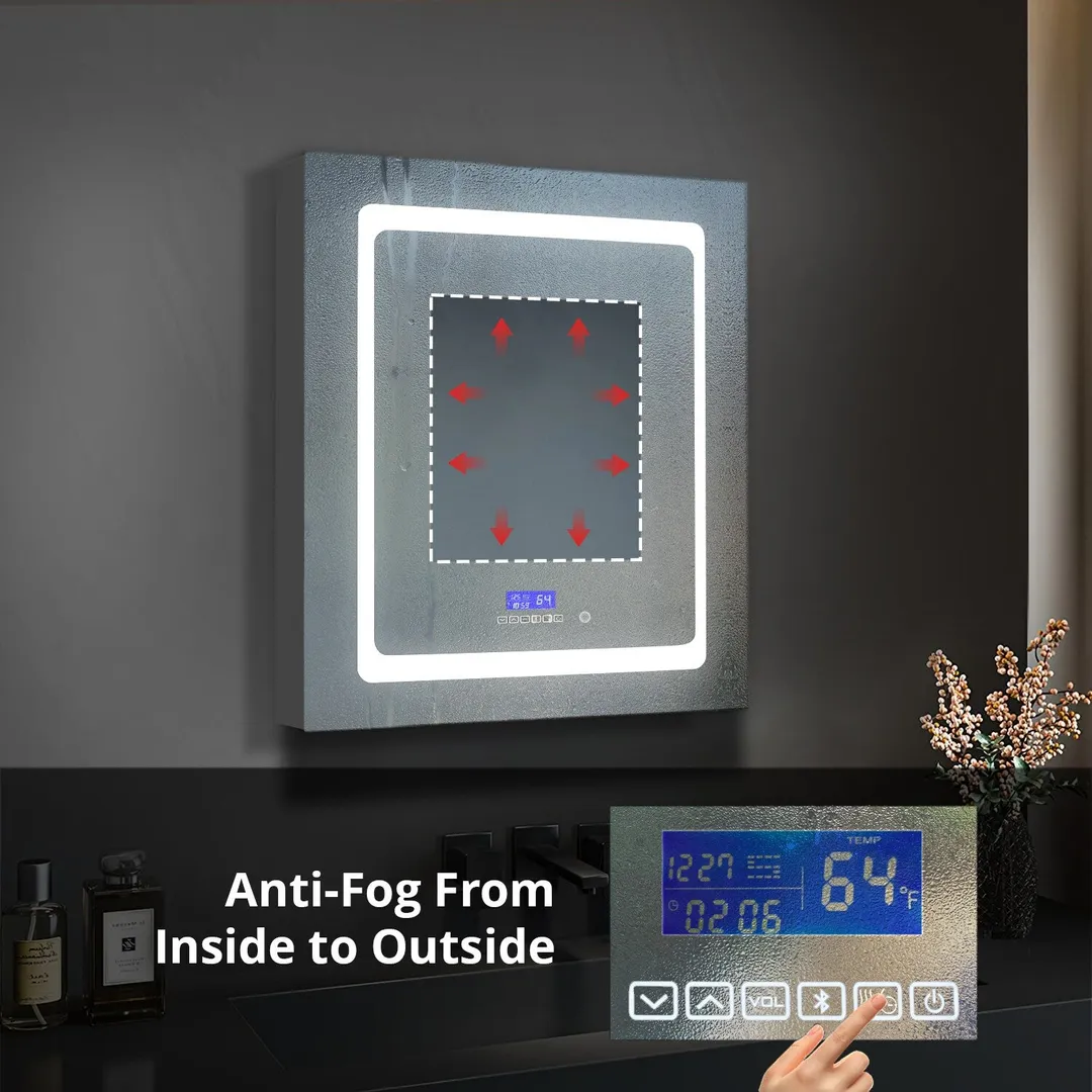 Lexora Bracciano 24-in x 32-in Lighted LED Fog Free Surface Mount Gray Mirrored Soft Close Medicine Cabinet, photo 4 of 8