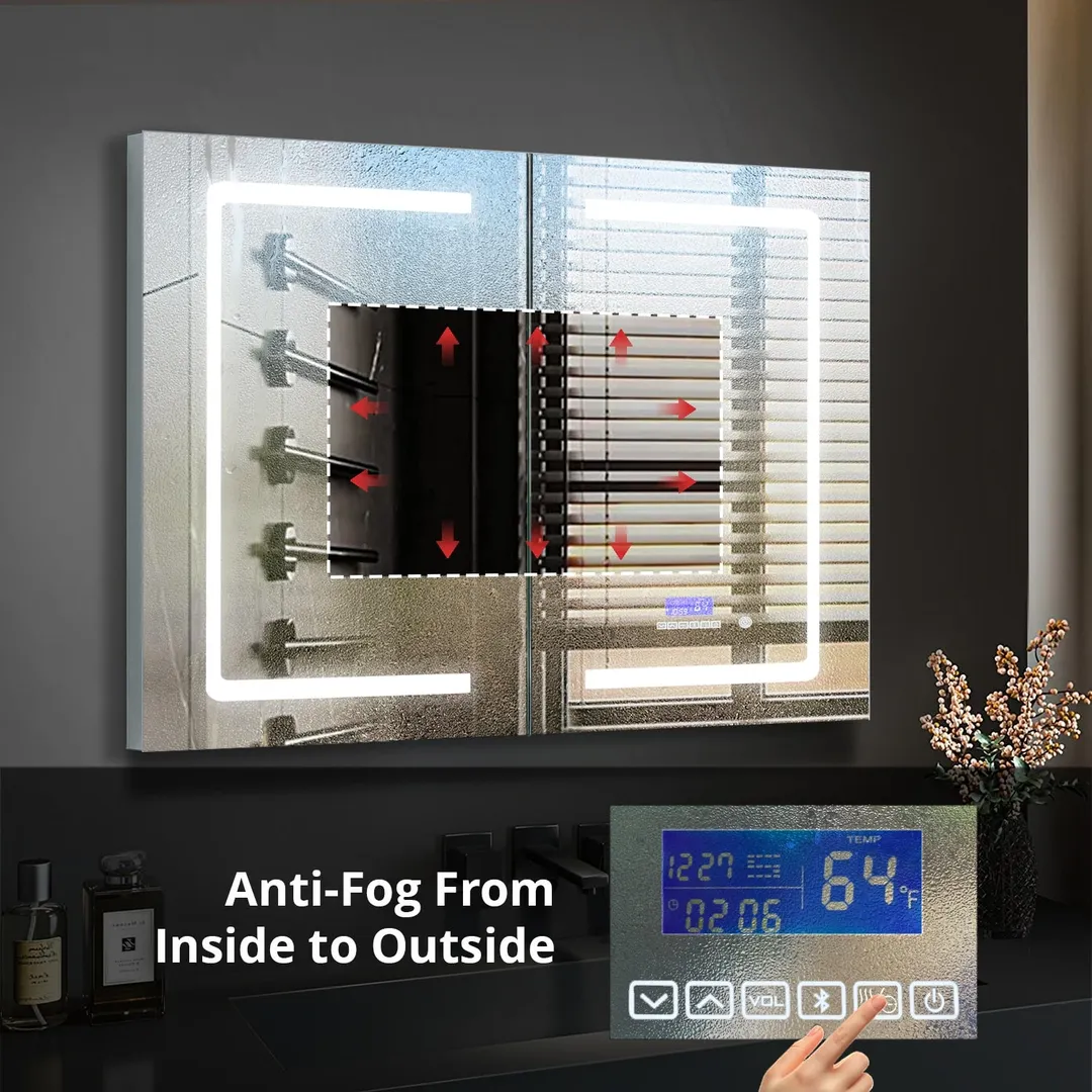 Lexora Bracciano 36-in x 32-in Lighted LED Fog Free Surface Mount Gray Mirrored Soft Close Medicine Cabinet, photo 4 of 8