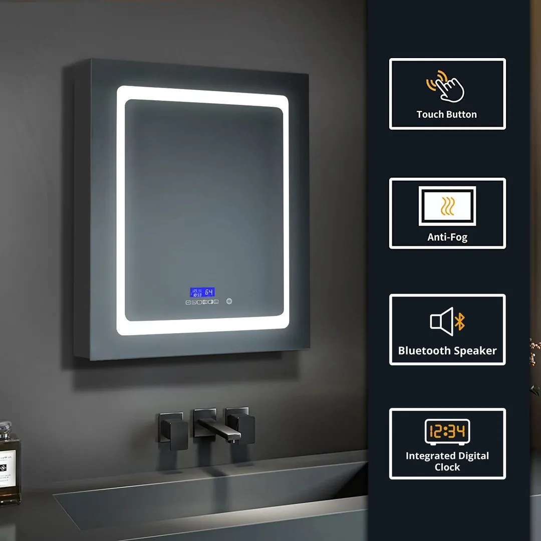 Lexora Bracciano 24-in x 36-in Lighted LED Fog Free Surface Mount Gray Mirrored Soft Close Medicine Cabinet, photo 3 of 8