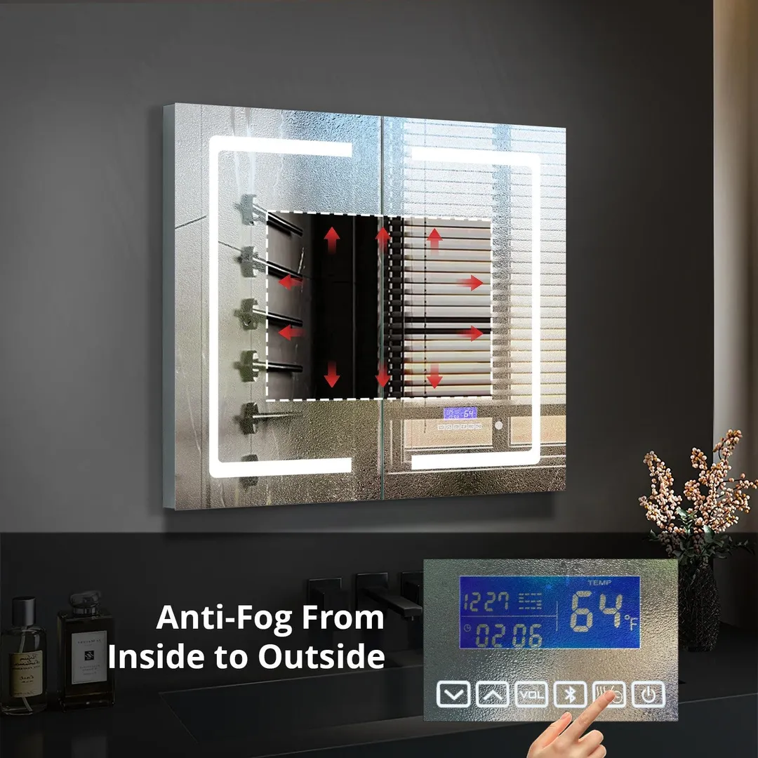 Lexora Bracciano 36-in x 36-in Lighted LED Fog Free Surface Mount Gray Mirrored Soft Close Medicine Cabinet, photo 4 of 8