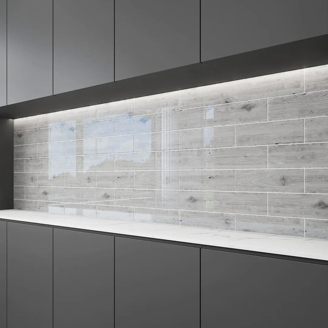 Giorbello Silver Cedar 4-in x 12-in Glossy Glass Wood Look Wall Tile (5-sq. ft/ Carton), photo 4 of 7
