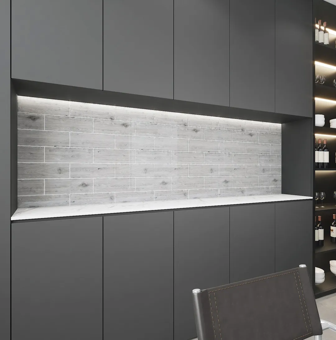Giorbello Silver Cedar 4-in x 12-in Glossy Glass Wood Look Wall Tile (5-sq. ft/ Carton), photo 5 of 7