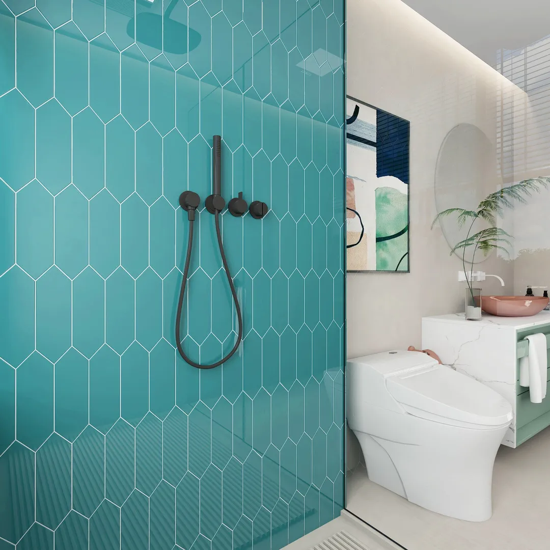 Giorbello Picket Hexagon Dark Teal 3-in x 9-in Glossy Glass Subway Wall Tile (5.8-sq. ft/ Carton), photo 4 of 7