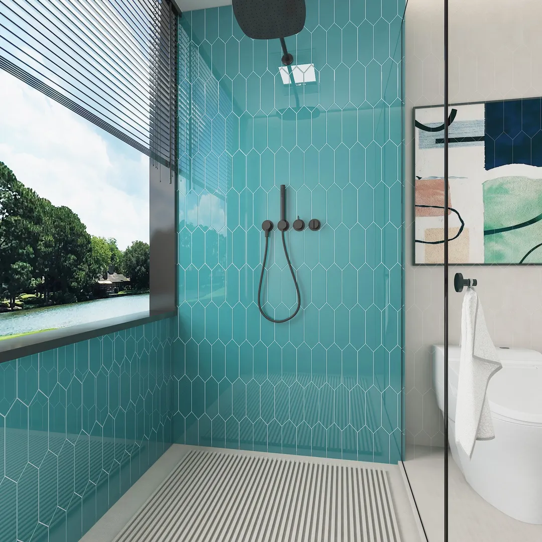 Giorbello Picket Hexagon Dark Teal 3-in x 9-in Glossy Glass Subway Wall Tile (5.8-sq. ft/ Carton), photo 5 of 7