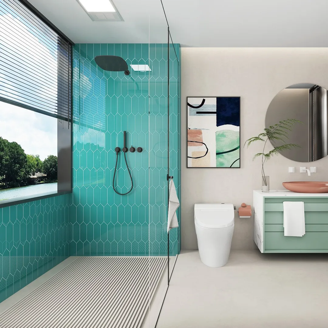 Giorbello Picket Hexagon Dark Teal 3-in x 9-in Glossy Glass Subway Wall Tile (5.8-sq. ft/ Carton), photo 6 of 7