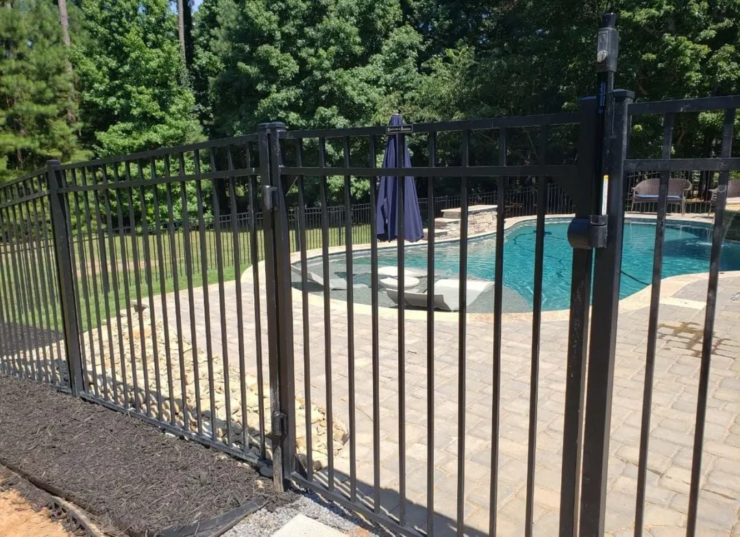 Fortress Building Products 4-1/2-ft H x 5-ft W Gloss Black Aluminum Spaced Picket Flat-top Privacy Fence Gate, photo 5 of 6