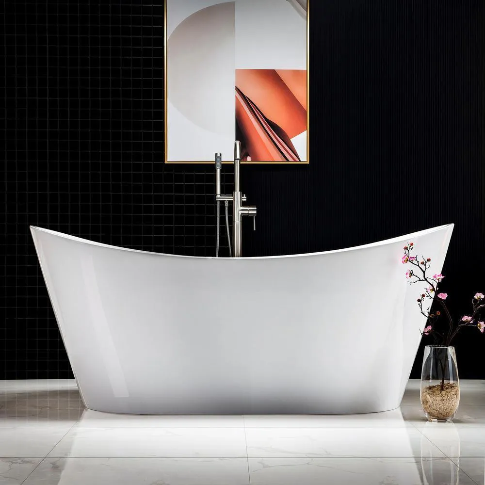 WOODBRIDGE Alacant 67 in. Acrylic Flatbottom Double Slipper White Freestanding Bathtub with Brushed Nickel Faucet, Overflow and Drain, photo 3 of 12