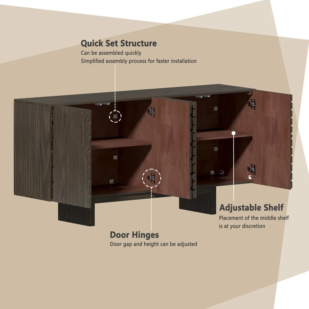 Clihome Brown 4-door accent cabinet 63-in W x 30.7-in H Mdf Brown Freestanding Utility Storage Cabinet, photo 7 of 11