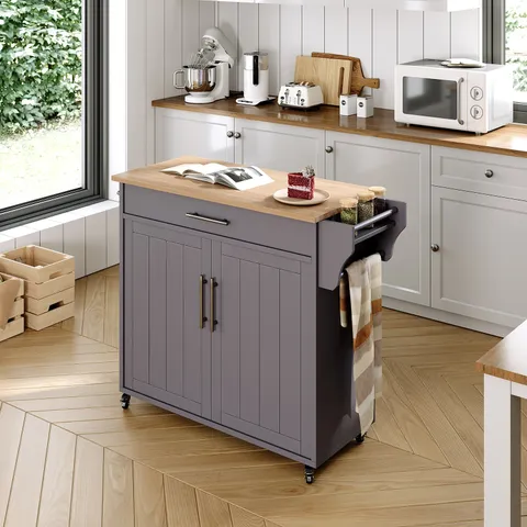Gray Mdf Base with Mdf Wood Top Rolling Kitchen Island