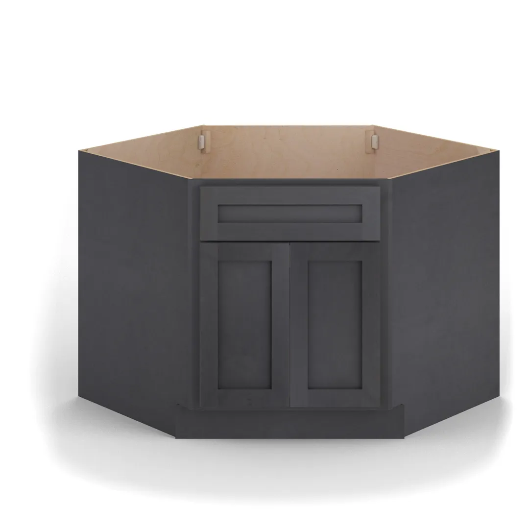 Valleywood Cabinetry 42-in W x 34.5-in H x 24-in D Ideal Gray Birch Diagonal 1-Drawer Corner Base Ready To Assemble Plywood Cabinet (Flat Panel Shaker Style), photo 3 of 11