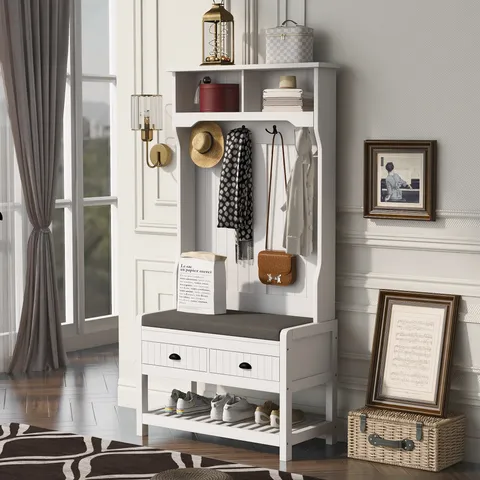 Hall Tree Farmhouse 33.5-in White Composite Hall Tree