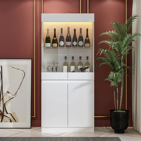 Contemporary/Modern White Curio Cabinet with Wine Storage